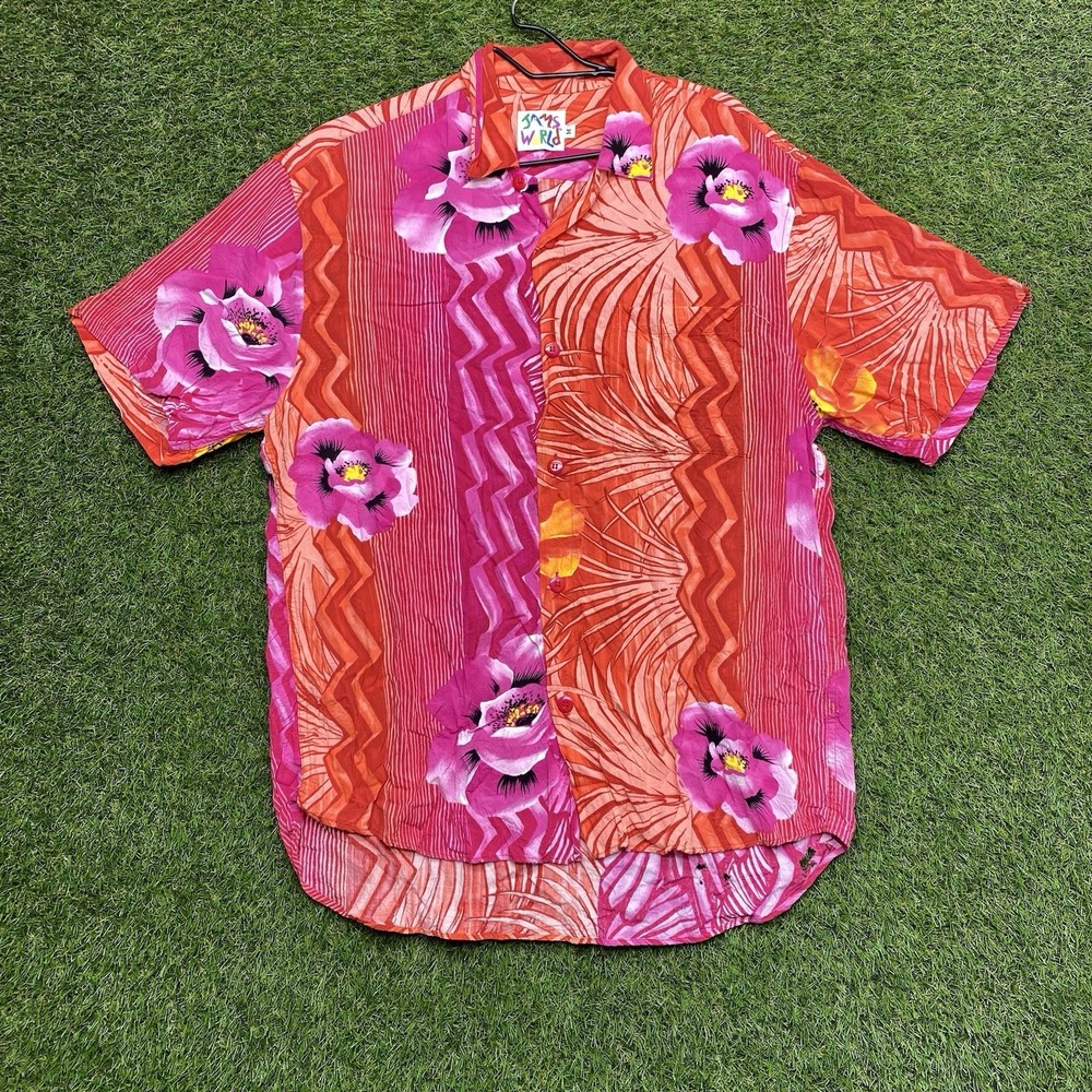 Jams World Shirt Mens Medium Abstract Flower Hawaiian Trippy Button True Vintage